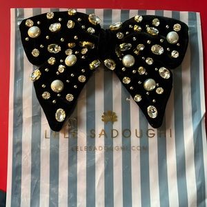 Lele Sadoughi Jet Pearl and Crystal Oversized Velvet Embellished Bow Barrette